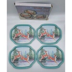 4 Vintage Winter Deer Bucks Pine Trees Snow Scene Snack Trays Light Blue 7.5X6"
